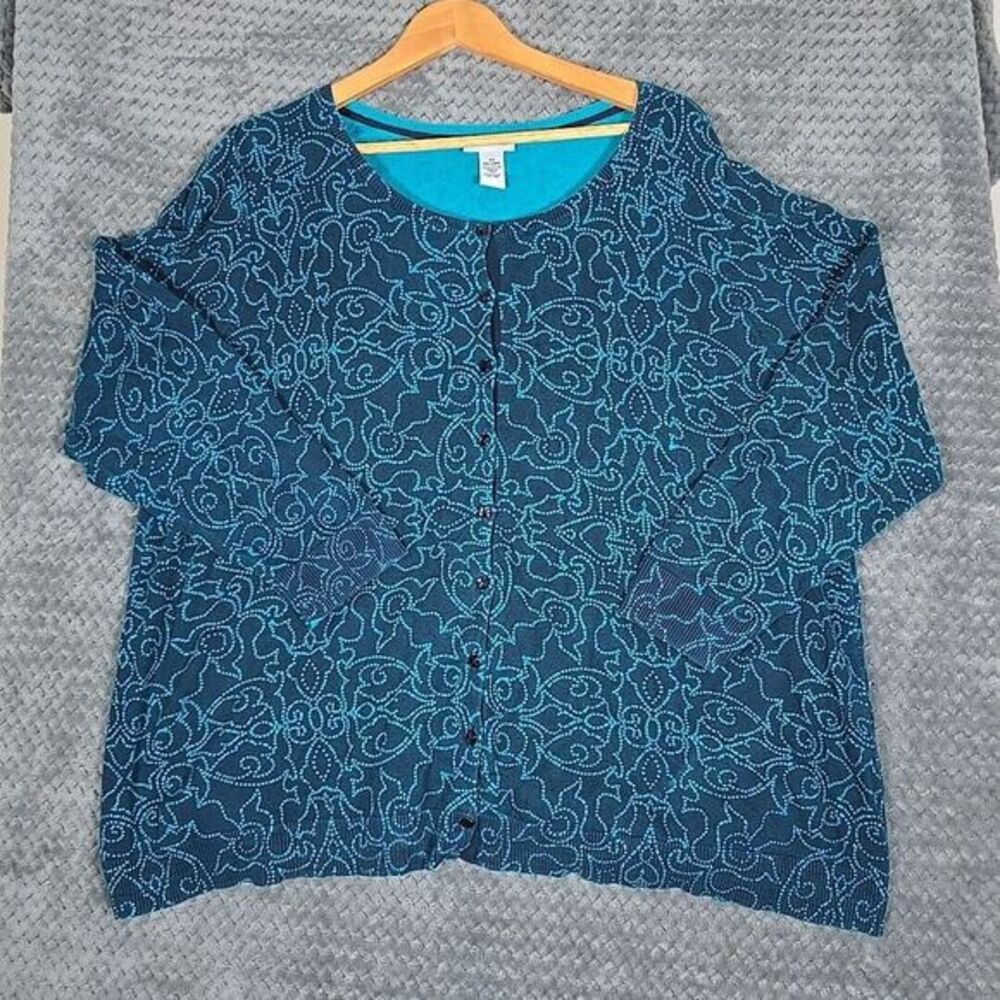 Catherines Sweater Womens 3X Blue And Green Button Up Cardigan Grandmacore‎